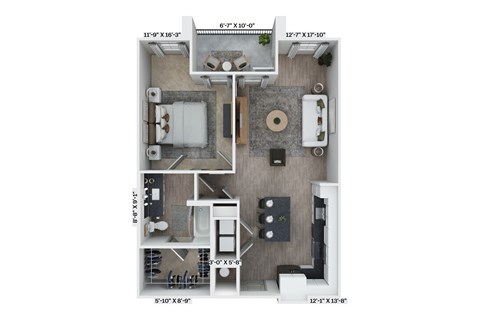 A floor plan of a small apartment with a kitchen, living room, and bathroom.